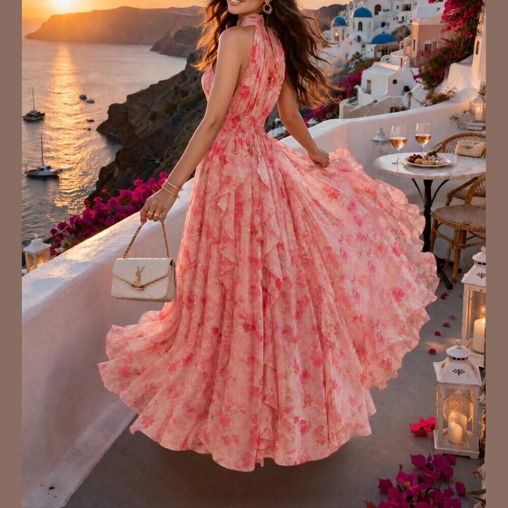 Pink Floral Print Organza Halter Neck Ruffled Flowy Maxi Dress